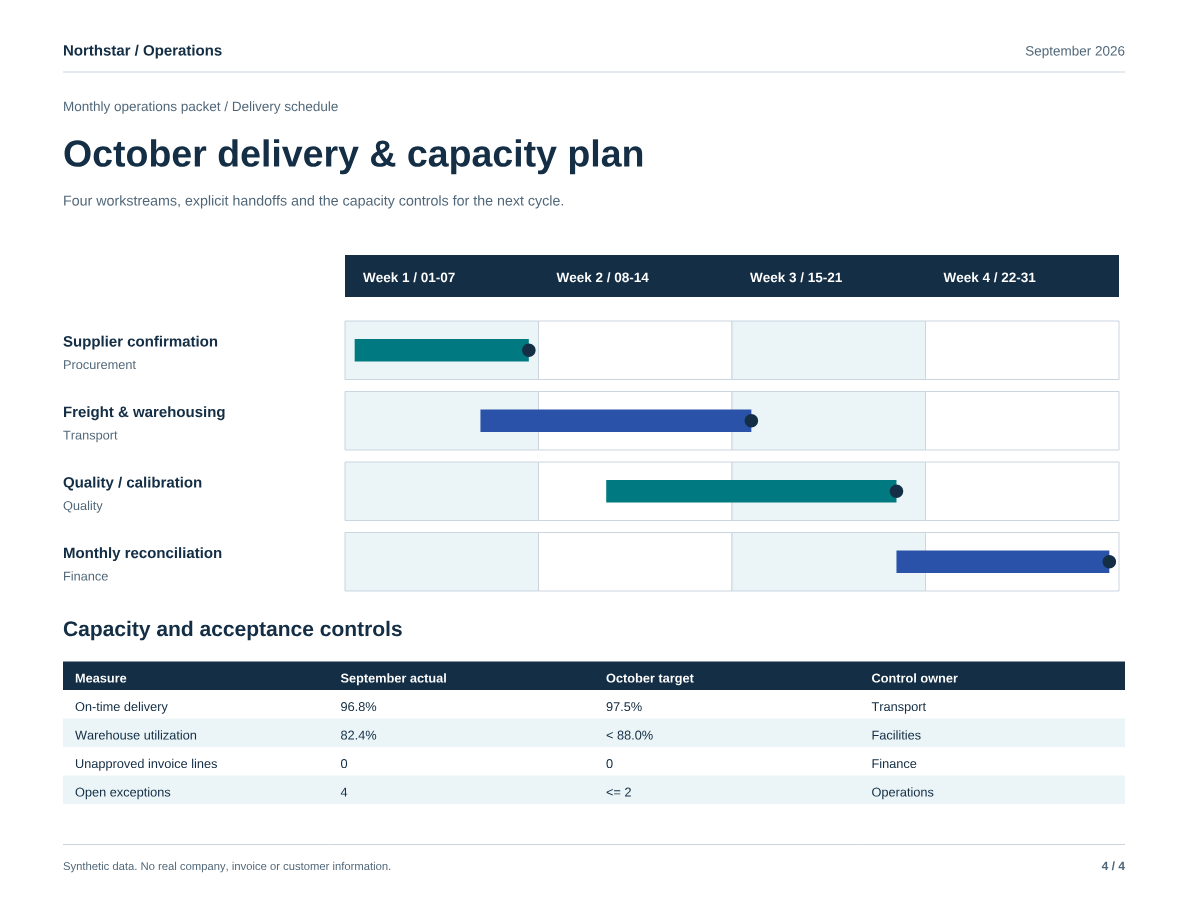 Page 4 landscape delivery schedule and KPI table